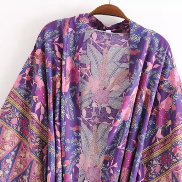 Boho Purple Floral Wisteria Kimono Duster Wrap - Picture 3 of 13
